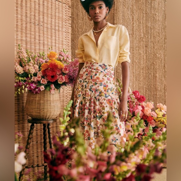 Sezane Jade Pleated Midi Skirt EU Size 44 US 12 Villa Floral Bird Print Cream - Picture 1 of 16